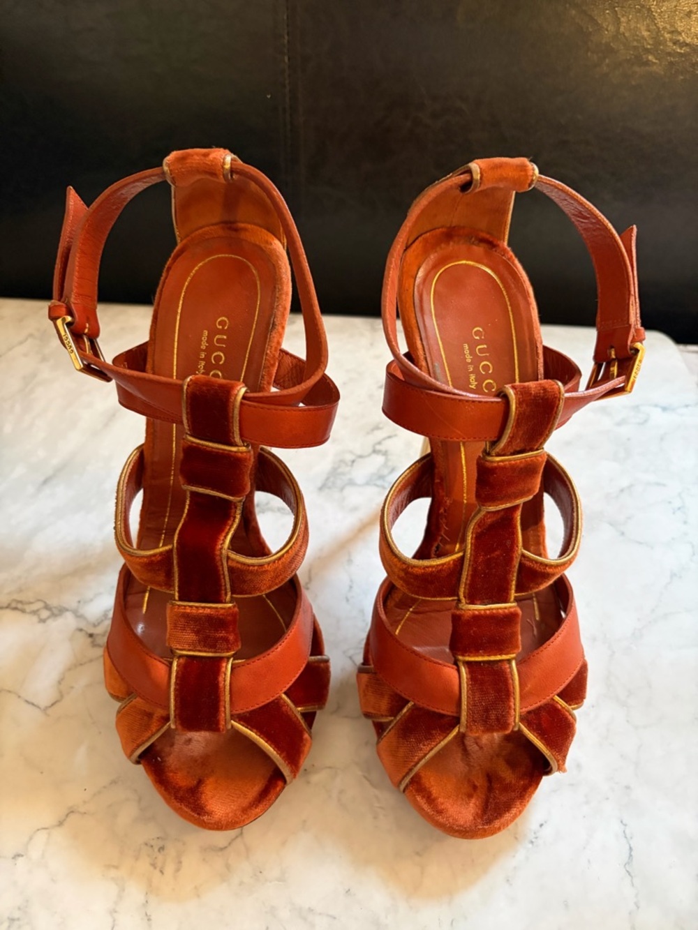 Gucci Malika Orange Velvet Strappy High-Heel Sandals with Gold Trim